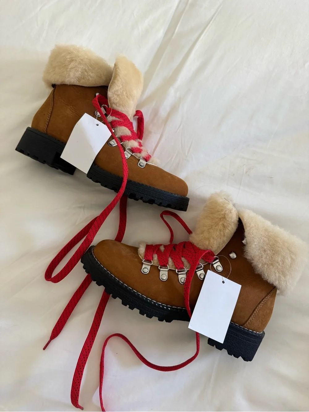 J. Crew Nordic Shearling Boots Tan with Red Laces